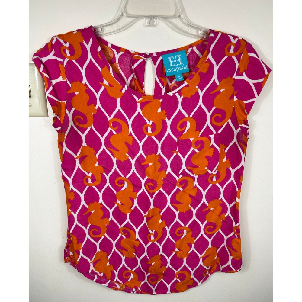 Escapada Seahorse Print Top Womens XS Pink Orange Cap Sleeve Resortwear Nautical